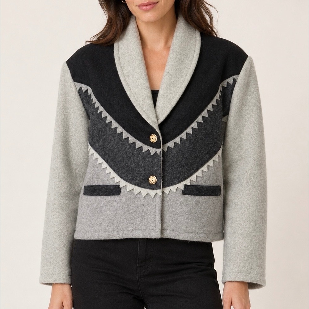 Sandy Starkman Wool Blend‎ Padded Shoulder Western Vintage Black Gray Size L